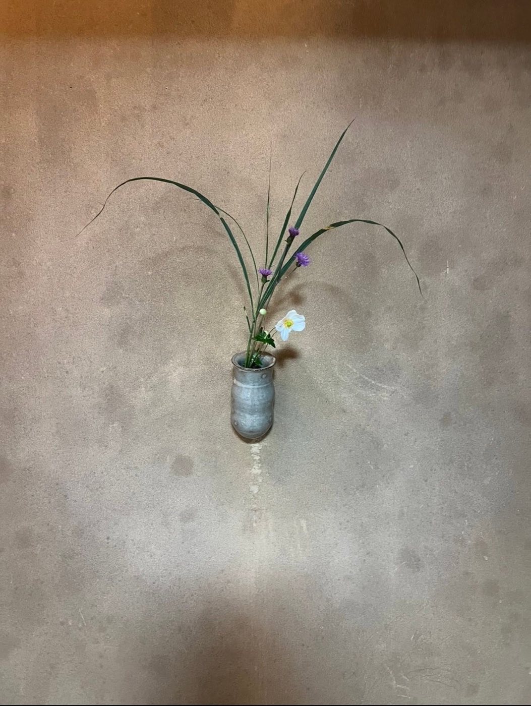 土壁に掛けられた花入と季節の茶花